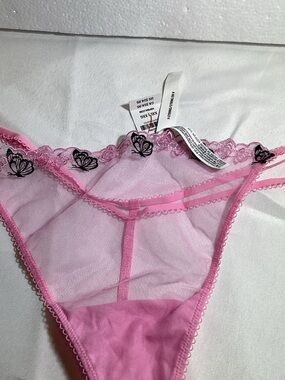 PINK Victoria's Secret Sheer Pink Lace Thong with Black Butterfly Embroidery